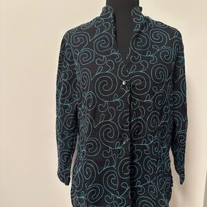 *FOXCROFT* Black x Blue Swirl Fitted Cotton Button Down Size 16